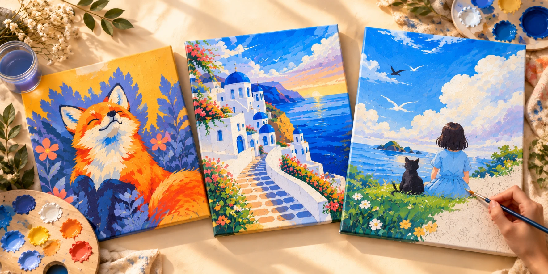 The three canvases you'll paint: a smiling orange fox, a whitewashed Santorini village, and a girl and her black cat by the sea