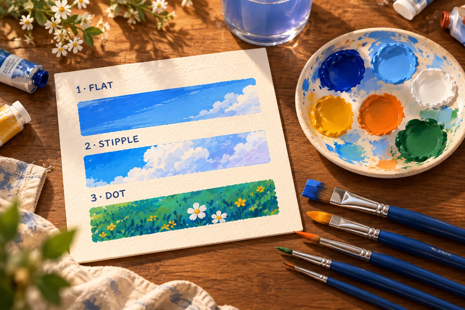 Swatch card with flat, stipple and dot strokes beside a palette and five brushes