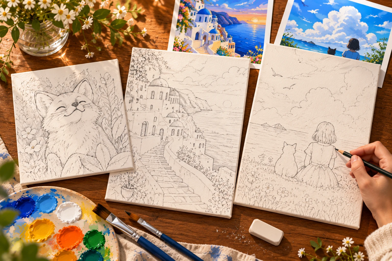 All three canvases sketched in pencil
