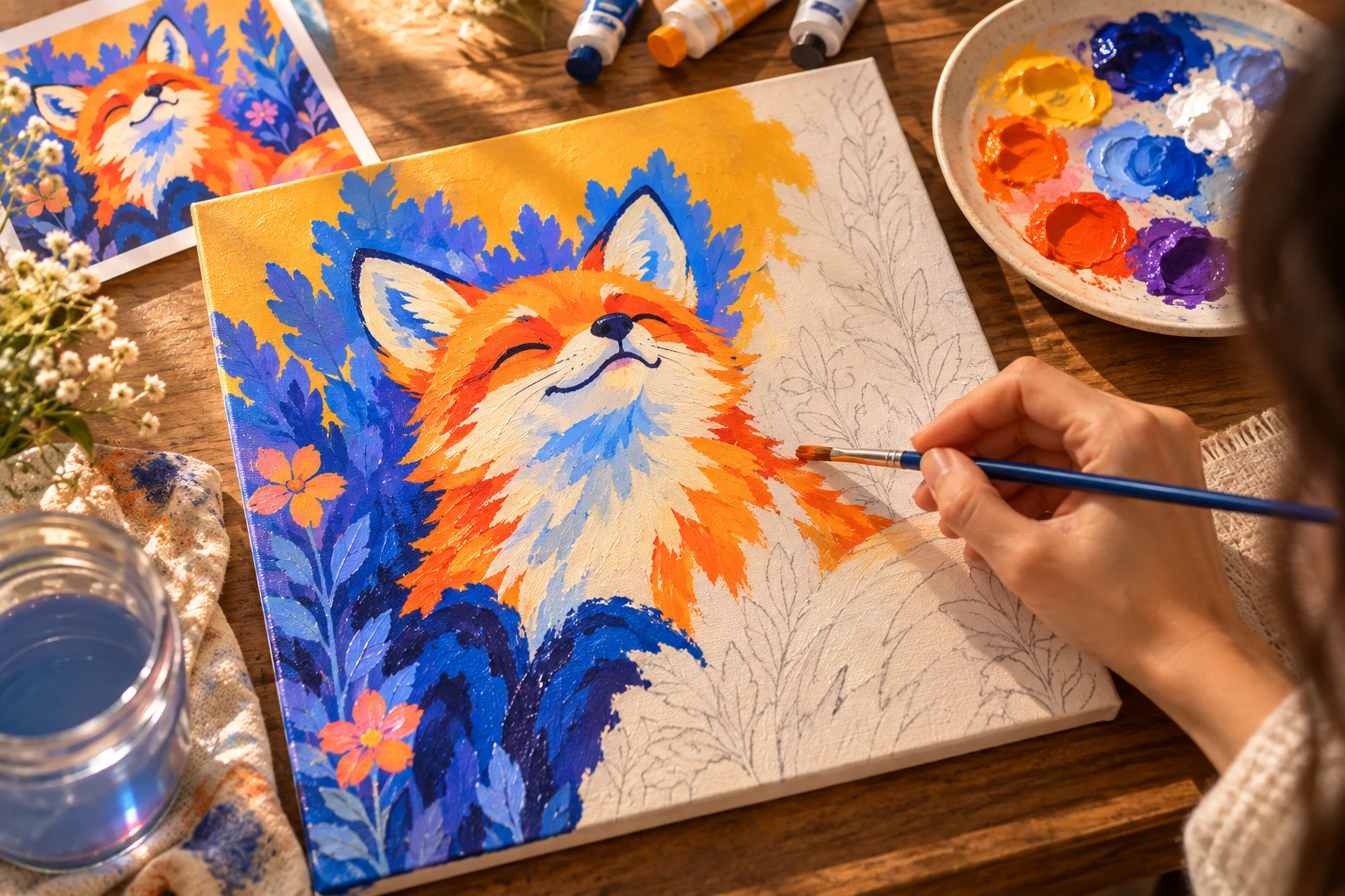 The fox being painted, half finished, half still in pencil