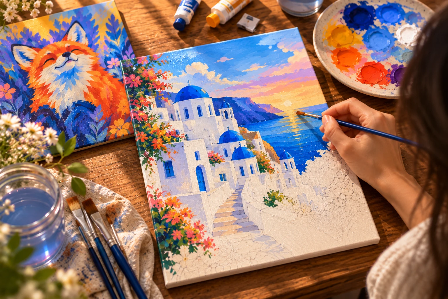 The Santorini village being painted with the finished fox beside it