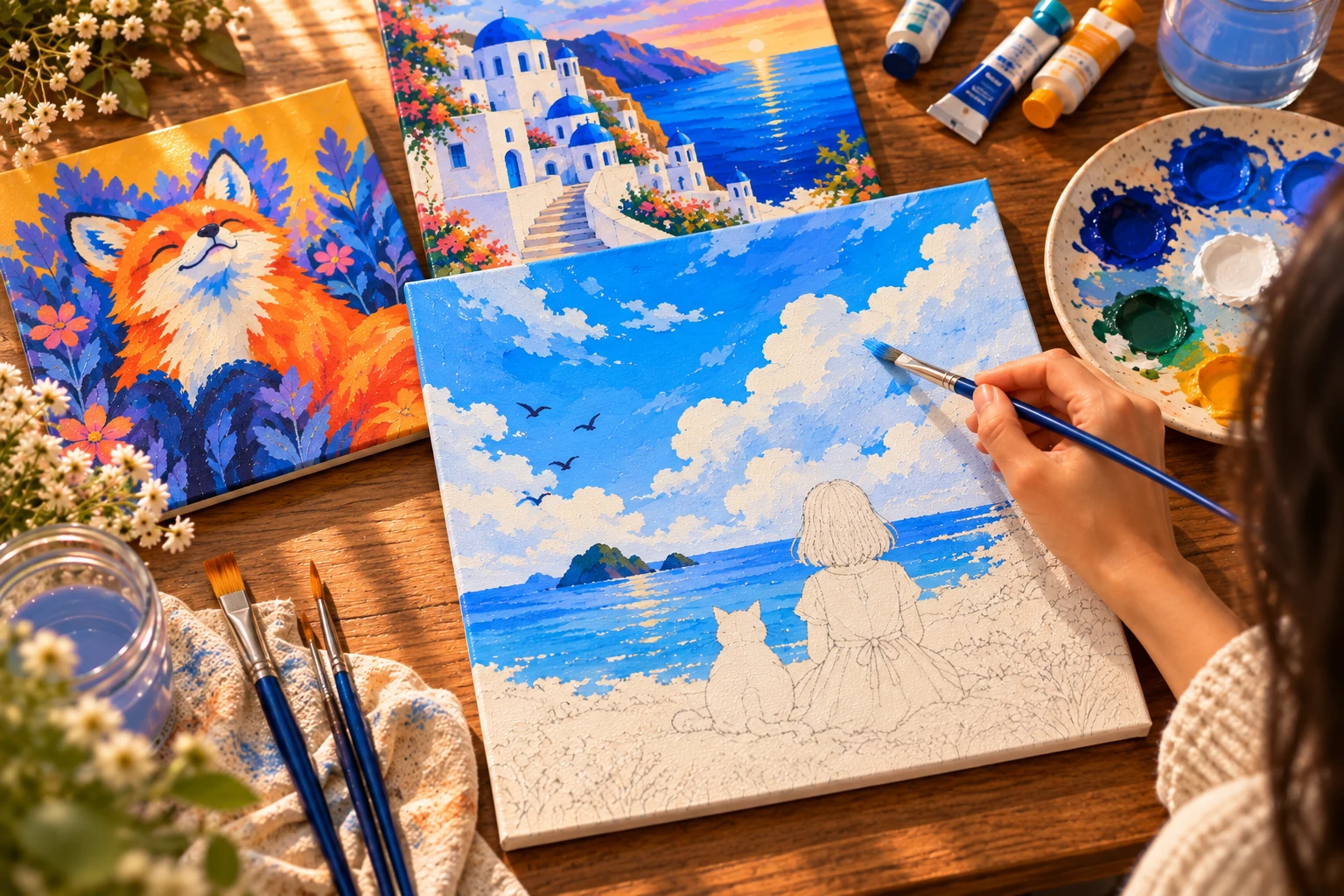 The masterpiece sky and sea painted, the girl and cat still in pencil, beside the fox and village