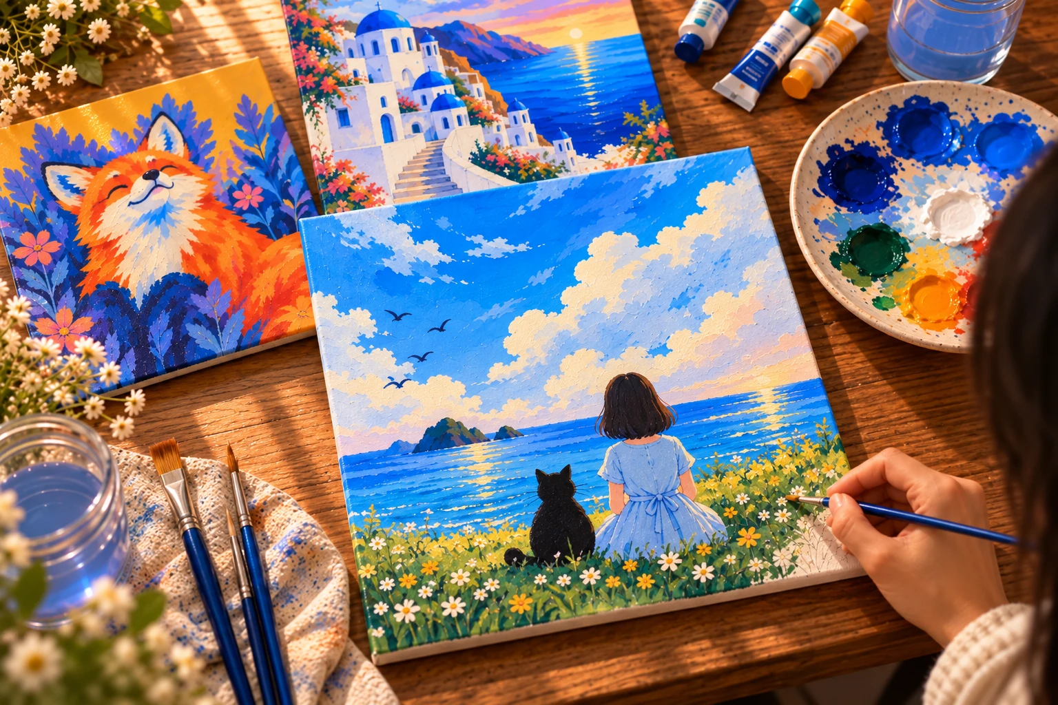The girl and cat canvas almost finished, with the fox and village canvases beside it