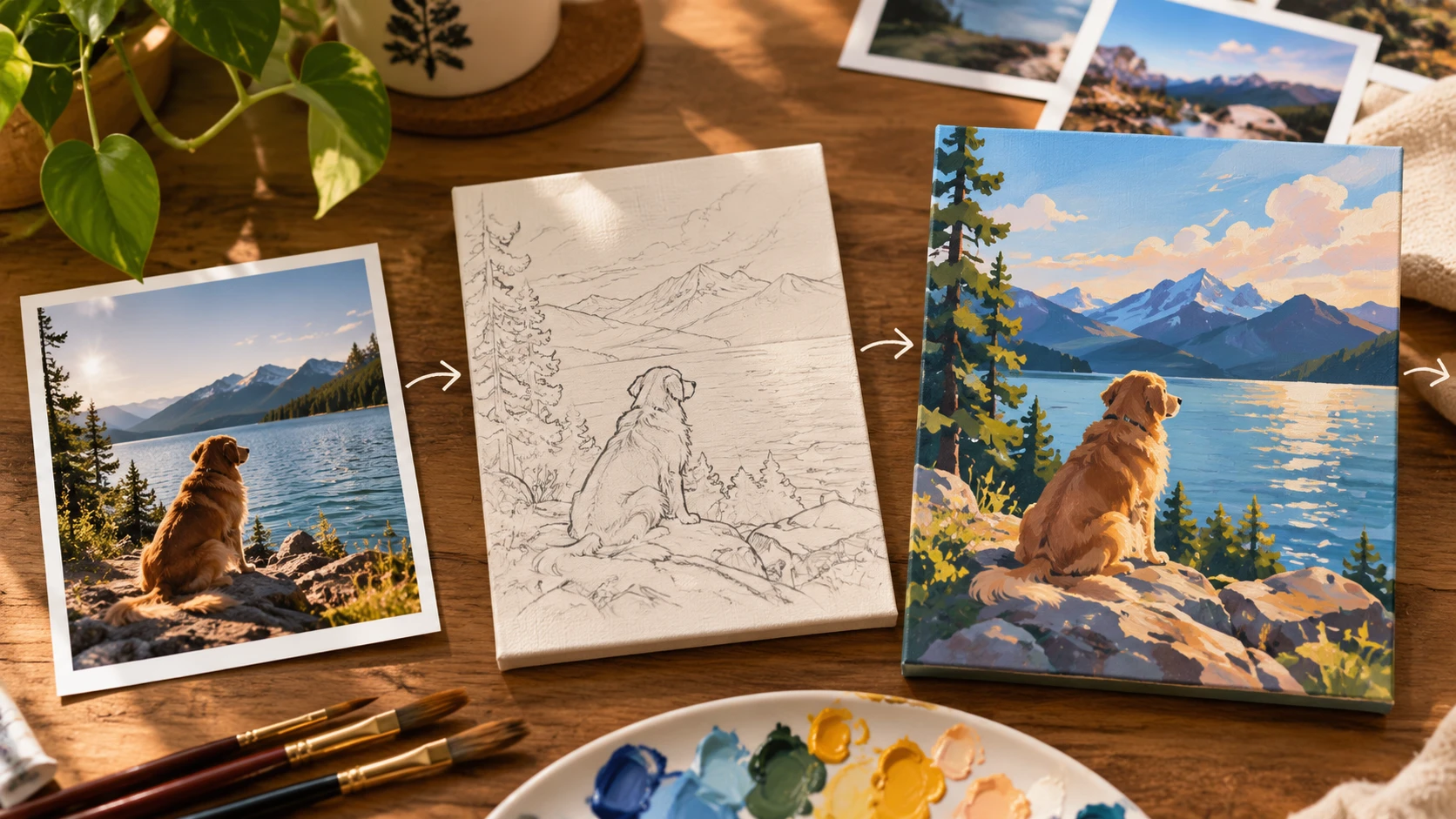 A photo of a dog turned into a sketch, then a painting