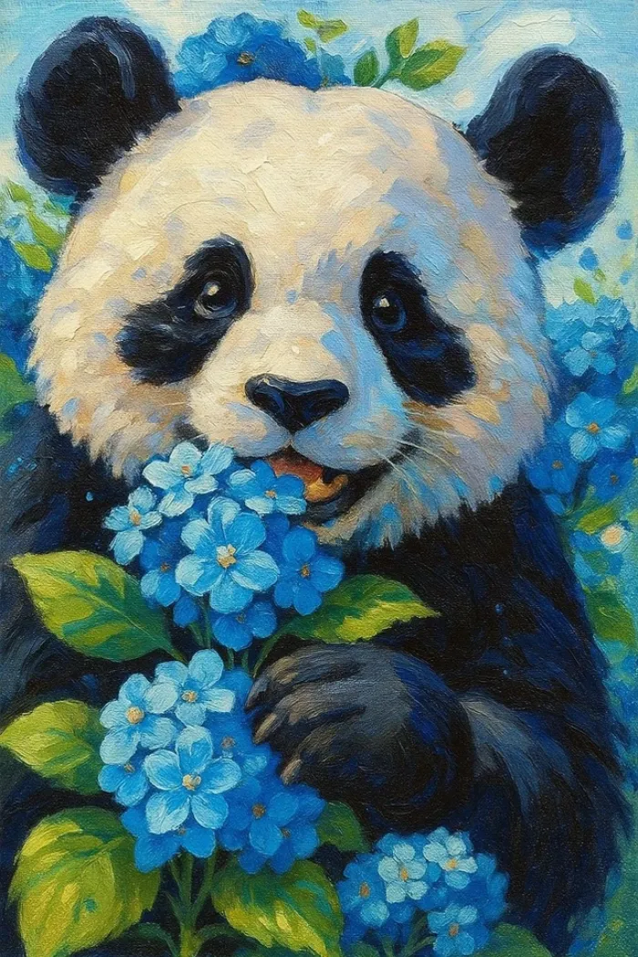 A textured acrylic painting of a panda holding blue flowers