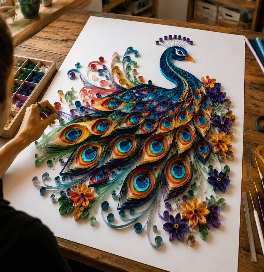 A colourful quilled paper peacock