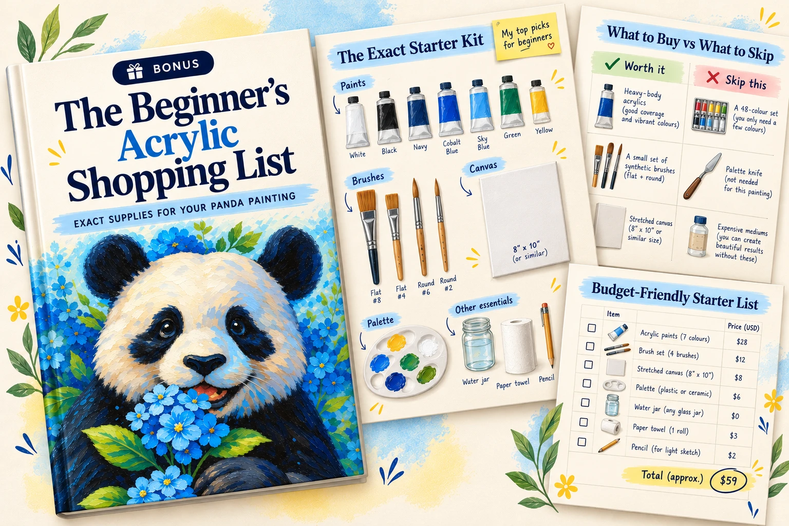 The Beginner's Acrylic Shopping List booklet with its starter kit, buy-or-skip and budget pages