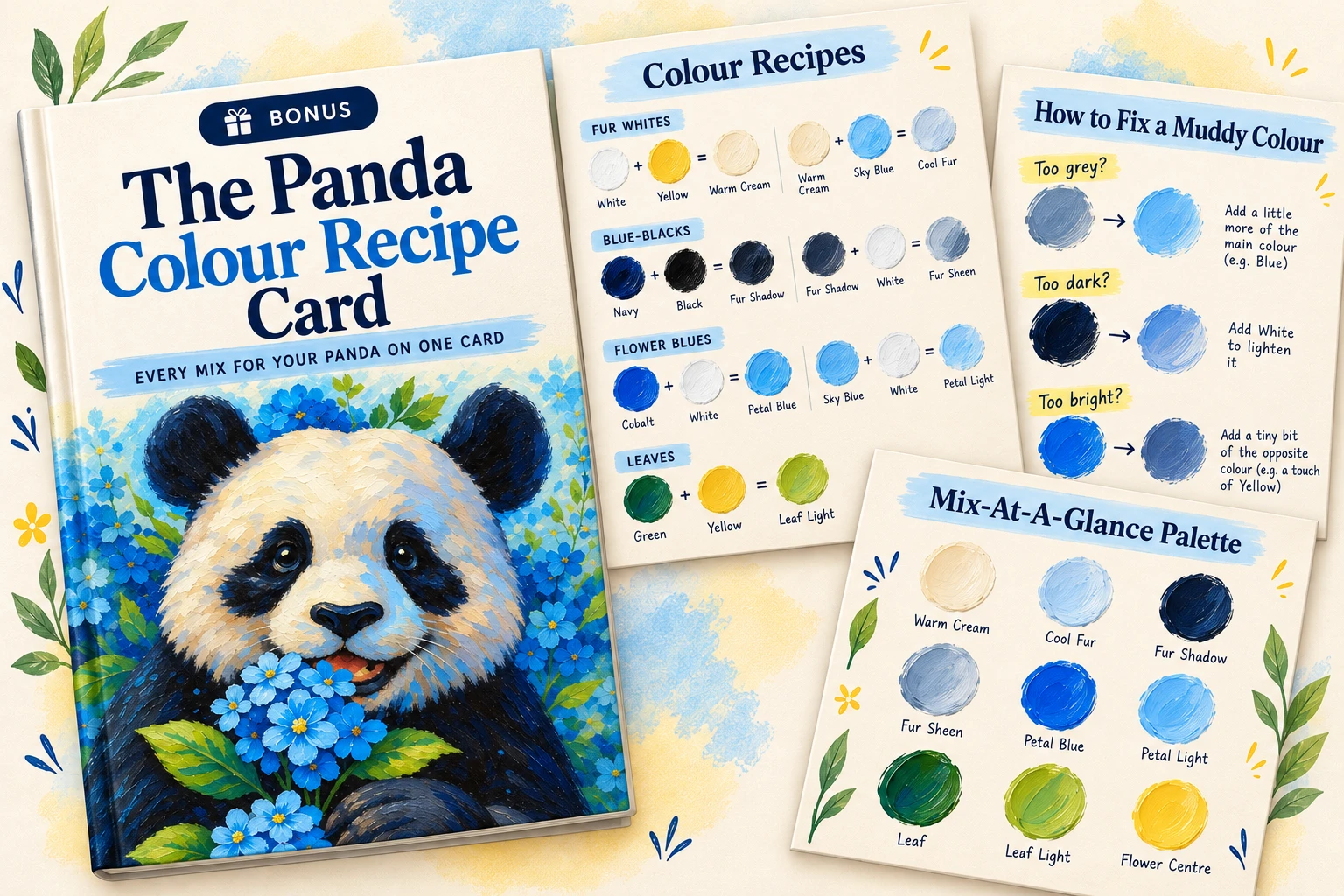 The Panda Colour Recipe Card with colour recipes, muddy-colour fixes and a mix-at-a-glance palette