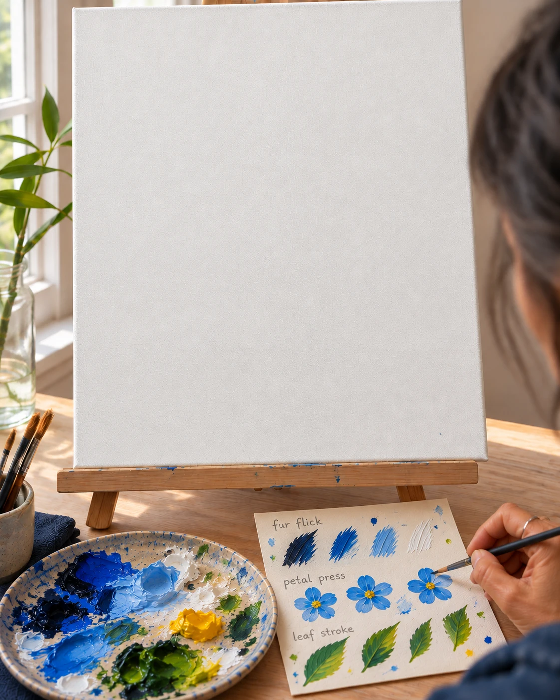 A blank canvas on an easel, a palette of fresh paint and a practice card with three strokes
