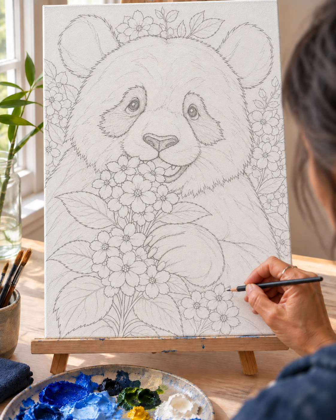 The panda and flowers drawn in pencil on the canvas