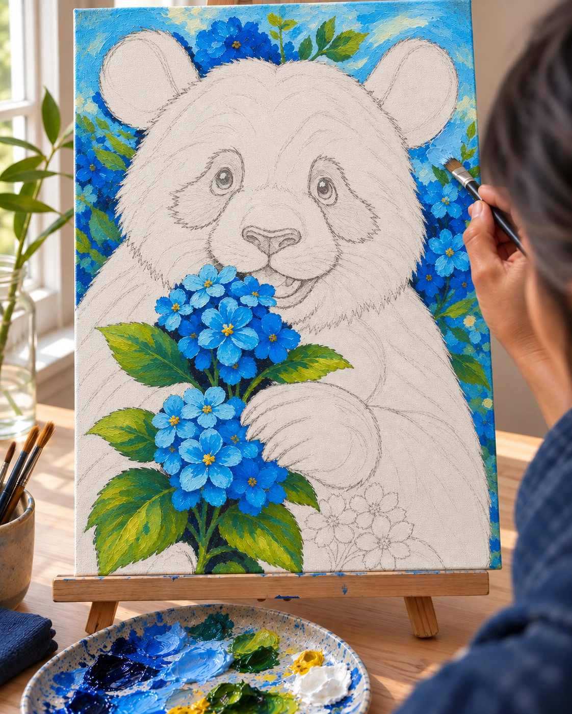 The blue background and flowers painted, the panda still in pencil