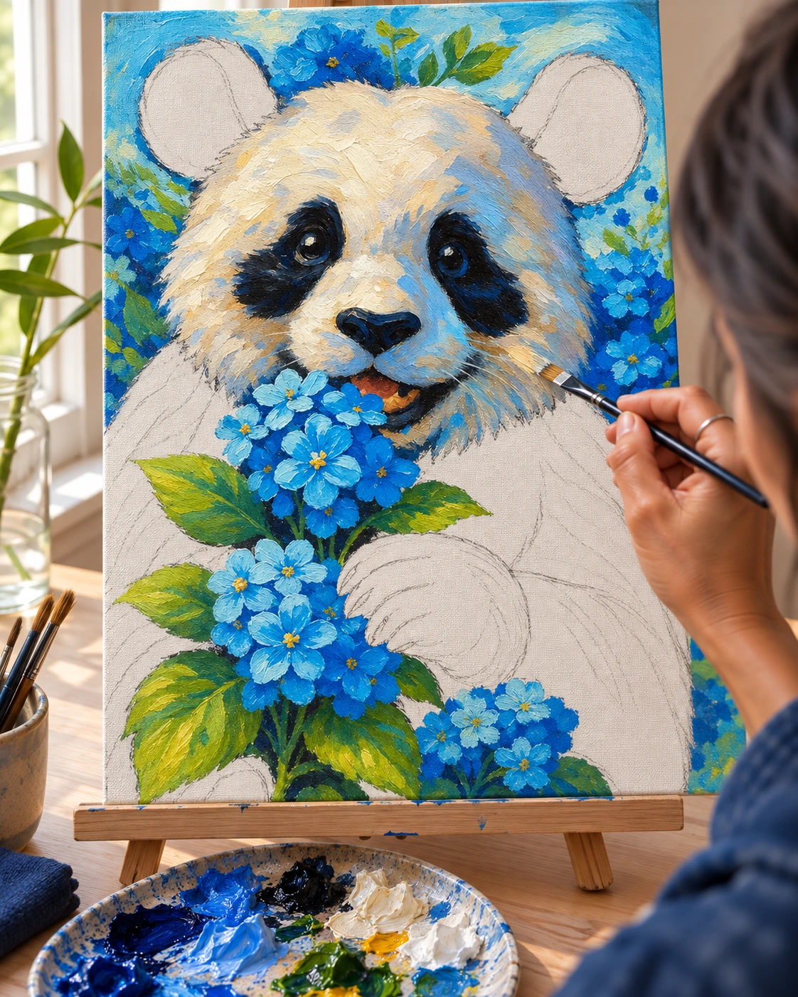 The panda's face painted in thick fur strokes, the ears and body still in pencil