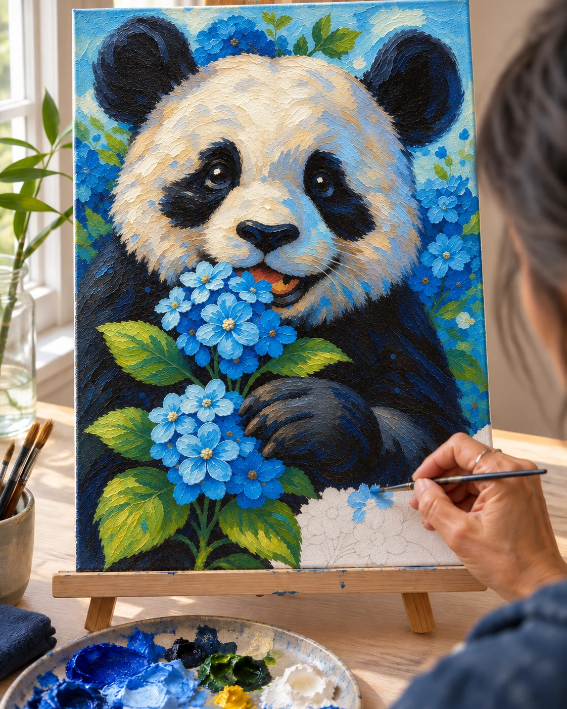 The panda almost finished, a hand painting the last blue flower