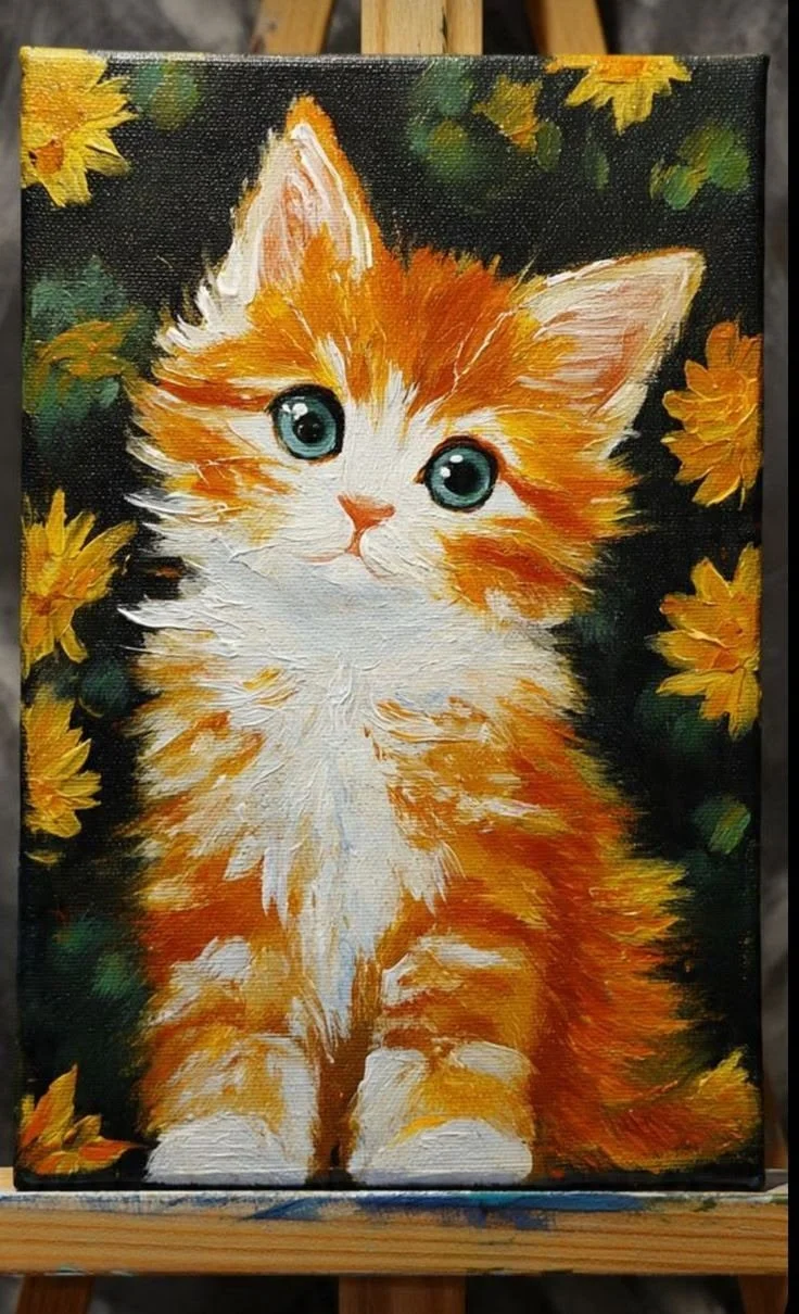 A textured painting of a fluffy ginger kitten among yellow flowers